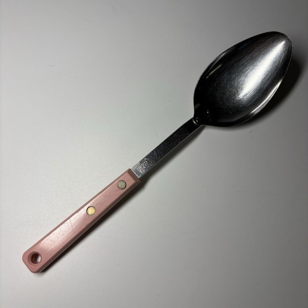 VTG EKCO FORGE Pink Handle Serving Spoon Stainless Steel Utensil 11.25” EUC